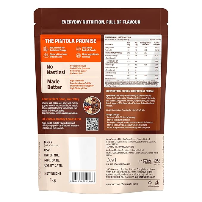 PINTOLA 26g High Protein Oats, Dark Chocolate, No Refined Sugar, with Almonds, Raisins, Pumpkin & Chia Seeds, 9.6g Fibre, Rolled Oats for Weight Loss, Breakfast Cereals | Gluten Free