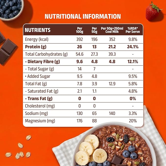 PINTOLA 26g High Protein Oats, Dark Chocolate, No Refined Sugar, with Almonds, Raisins, Pumpkin & Chia Seeds, 9.6g Fibre, Rolled Oats for Weight Loss, Breakfast Cereals | Gluten Free