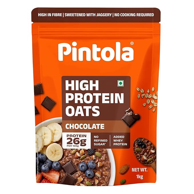 PINTOLA 26g High Protein Oats, Dark Chocolate, No Refined Sugar, with Almonds, Raisins, Pumpkin & Chia Seeds, 9.6g Fibre, Rolled Oats for Weight Loss, Breakfast Cereals | Gluten Free