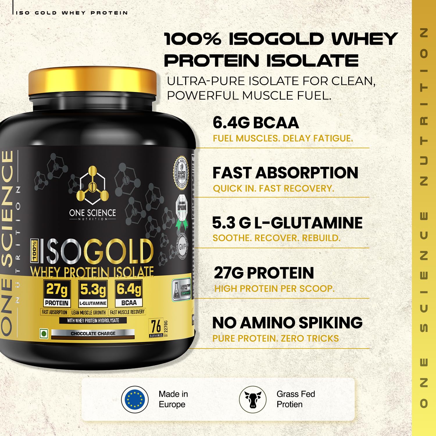 One Science Nutrition (OSN) 100% Iso Gold Whey Protein 5 lbs [Grass Fed Whey]- 27g Protein, 5.3g Glutamine, 6.4g BCAA