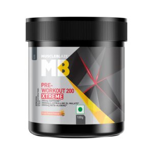 MuscleBlaze Pre Workout 200 Xtreme (Fruit Punch, 15 Servings, 100g) | 200mg Caffeine, 200mg Theanine, 2000mg Beta Alanine, 3000mg Citrulline