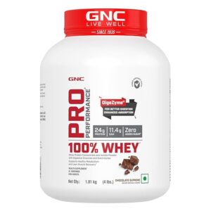 GNC Pro Performance 100% Whey Protein Powder | Boosts Strength & Endurance | Builds Lean Muscles | Fastens Muscle Recovery | Formulated In USA | 24g Protein | 5.5g BCAA | Chocolate Supreme | 4 lbs