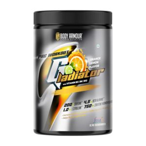 Body Armour Pre Work Out Gladiator With Vitamin B3|B5|B12 (Orange Lemon 400g) | Strong Energy Boosting Formula | Increase Endurance Focus|Help Muscle Hypertrophy